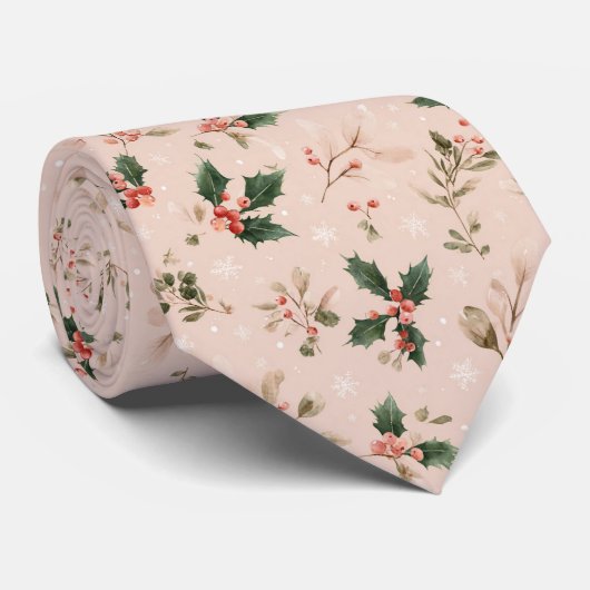 Pink Winter - Stechpalmenblätter und Schneeflocken Krawatte (Gerollt)