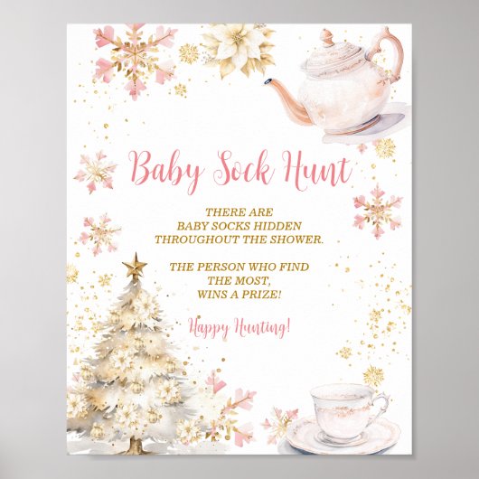 Pink Winter Tea Party Baby Shower Baby Sock Hunt Poster (Vorne)