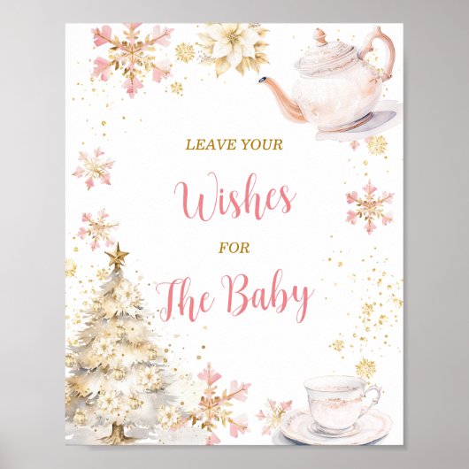 Pink Winter Tea Party Baby Shower Leave Your Wish Poster (Vorne)