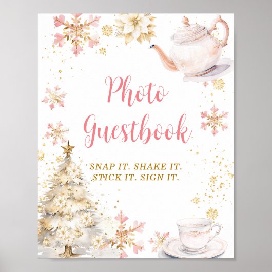 Pink Winter Tea Party Baby Shower Photo Guestbook Poster (Vorne)