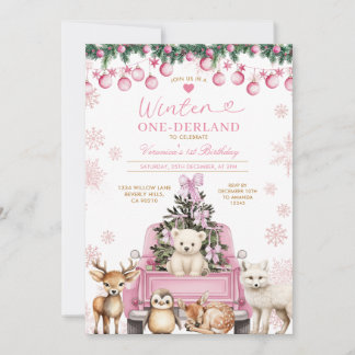 Pink Winter Truck Onederland 1st Birthday Animals Einladung