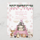 Pink Winter Truck Onederland 1st Birthday Animals Einladung (Vorne/Hinten)