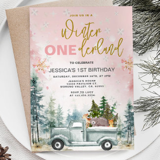 Pink Winter Truck Onederland Forest 1. Geburtstag Einladung