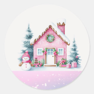 Pink Winter Village Gingerbrot House Runder Aufkleber