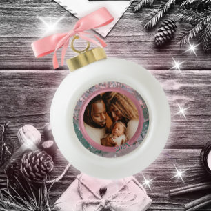 Pink Winter Weihnachtsfamilie Foto Keramik Kugel-Ornament