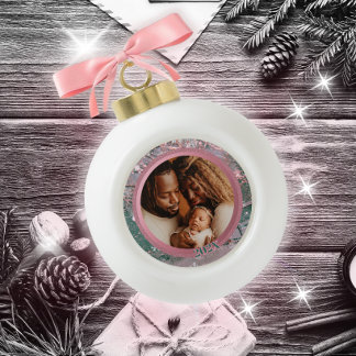 Pink Winter Weihnachtsfamilie Foto Keramik Kugel-Ornament