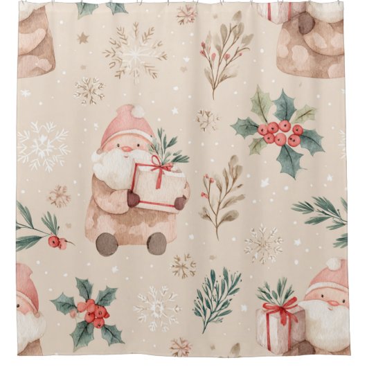 Pink Winter - Weihnachtsmann, Schneeflocken, Stech Duschvorhang (Vorderseite)