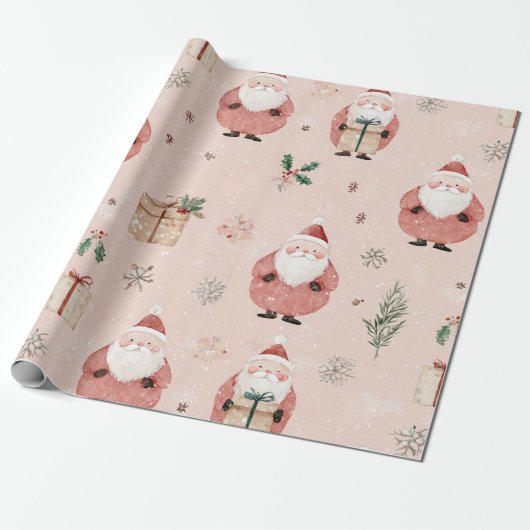 Pink Winter - Weihnachtsmann, Schneeflocken, Stech Geschenkpapier (Ungerollt)