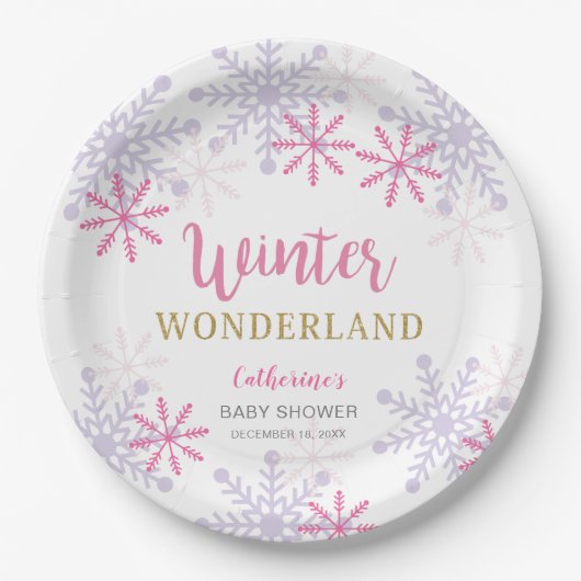 Pink Winter Wonderland Baby Showflakes Girl Pappteller (Vorderseite)