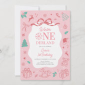 Pink Winter Wonderland First Birthday Party Einladung (Vorderseite)