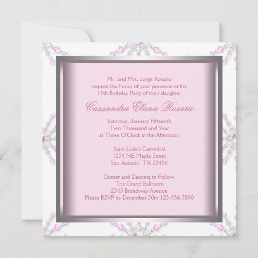 Pink Winter Wonderland Quinceanera Einladung (Rückseite)