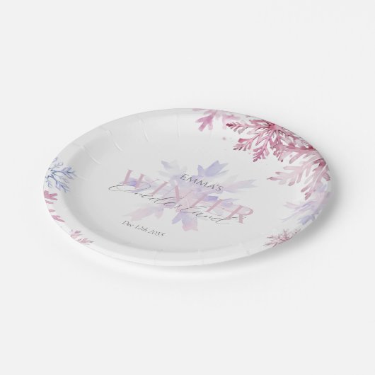 Pink Winter Wonderland Snowflake First Birthday  Pappteller (Schrägansicht)