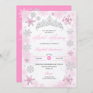 Pink Winter Wonderland Snowflake Sweet 16 Einladung