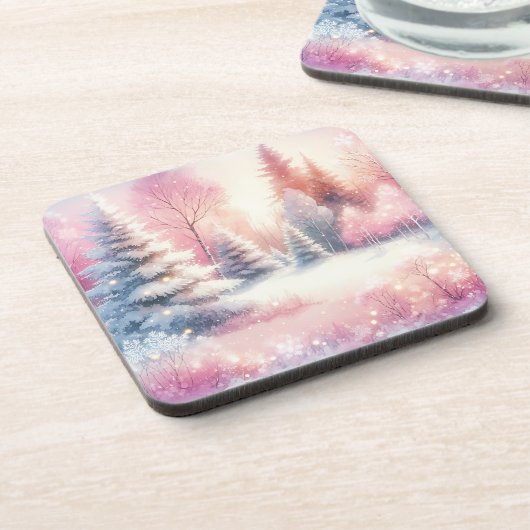 Pink Winter Wonderland Weihnachten Getränkeuntersetzer (Linke Seite)