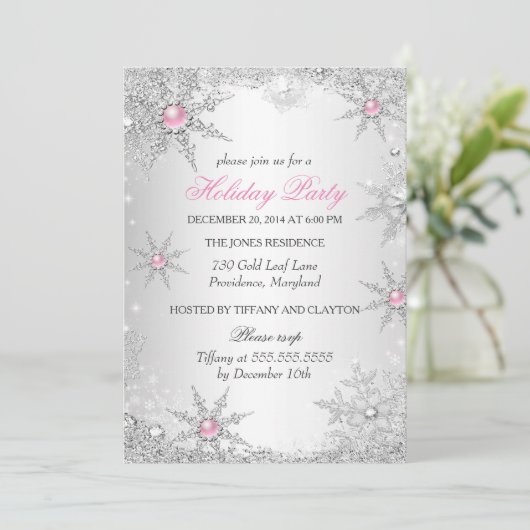 Pink Winter Wonderland Weihnachtsfeier 4a Einladung (Stehend Vorderseite)