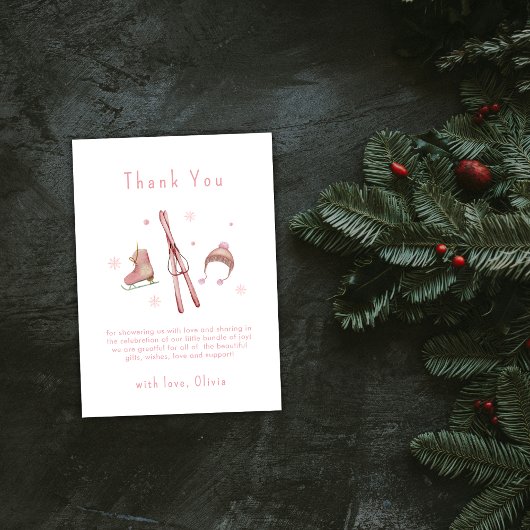 Pink Winter Woodland Après Bébé Ski Baby Shower  Dankeskarte