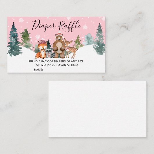 Pink Winter Woodland Babydusche Windelwanne Raffel Visitenkarte (Vorne/Hinten)