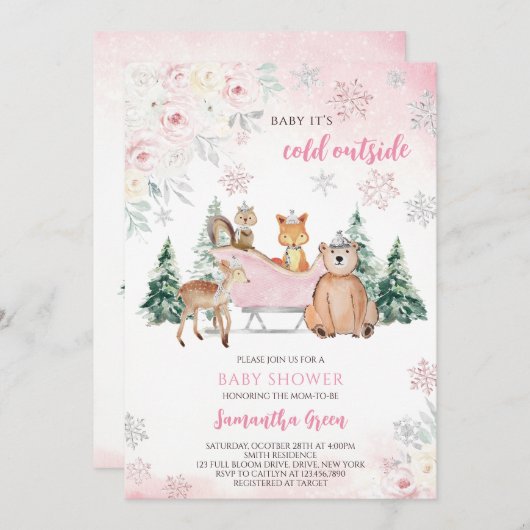 Pink Winter Woodland Kinderdusche Einladung (Vorne/Hinten)