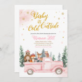 Pink Winter Woodland Kinderdusche Einladung (Vorne/Hinten)