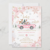 Pink Winter Woodland Truck Kinderdusche Einladung (Vorderseite)
