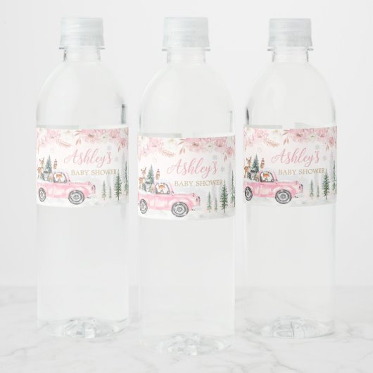 Pink Winter Woodland Truck Kinderdusche Wasserflaschenetikett (Flaschen)