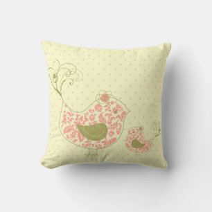 Pink Wirble Mama & Baby Bird Whimsical Kissen