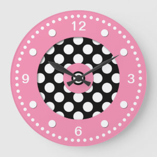 Pink with Black and White Polka Dots Wall Clock Große Wanduhr