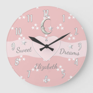 Pink with moon stars and baby name große wanduhr