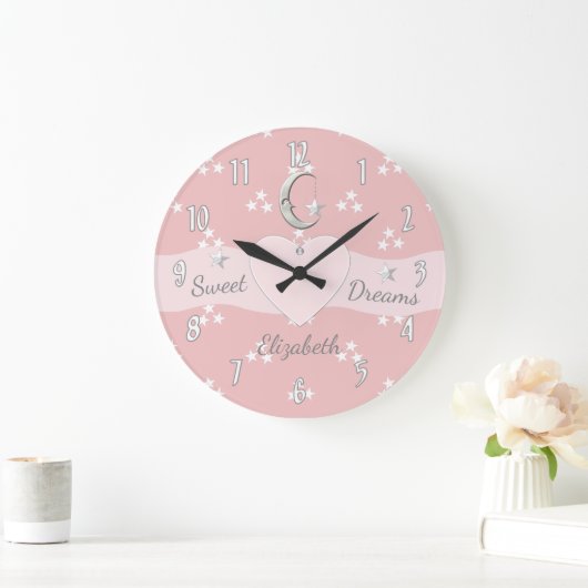 Pink with moon stars and baby name große wanduhr (Zuhause)