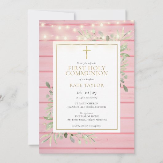 Pink Wood Lights Grüne Erste Heilige Kommunion Einladung (Vorderseite)