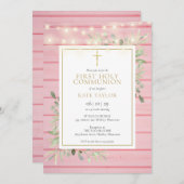 Pink Wood Lights Grüne Erste Heilige Kommunion Einladung (Vorne/Hinten)