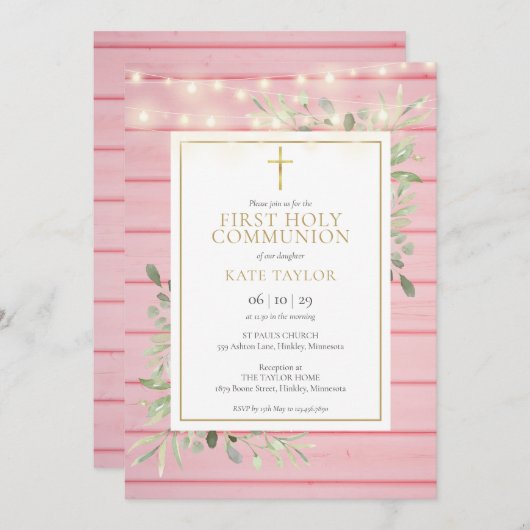 Pink Wood Lights Grüne Erste Heilige Kommunion Einladung (Vorne/Hinten)