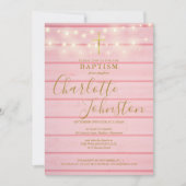 Pink Wood Lights Script Taufe Christening Einladung (Vorderseite)