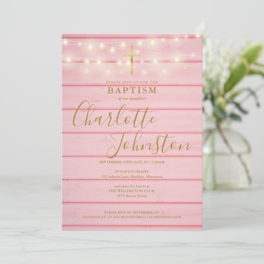 Pink Wood Lights Script Taufe Christening Einladung (Stehend Vorderseite)