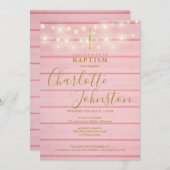 Pink Wood Lights Script Taufe Christening Einladung (Vorne/Hinten)