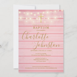 Pink Wood Lights Script Taufe Christening Einladung