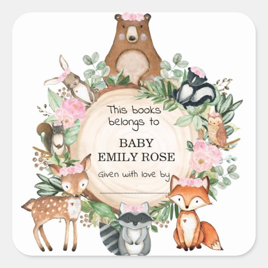 Pink Woodland Animals Baby Dusche Buchzeichen Labe Quadratischer Aufkleber (Vorderseite)