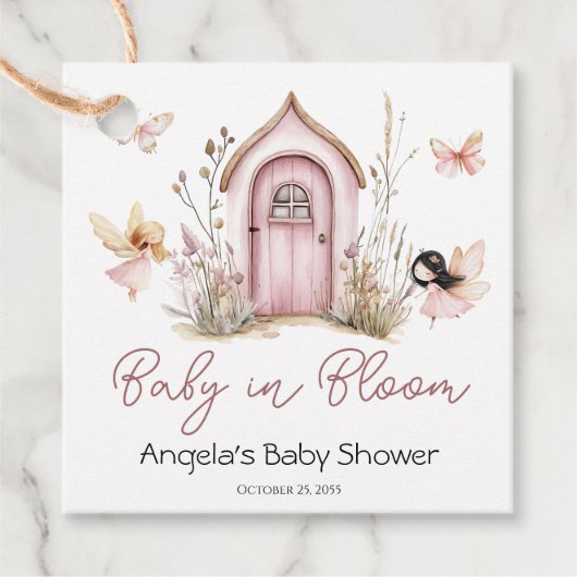 Pink Woodland Fairies Babydusche Geschenkanhänger (Vorderseite)