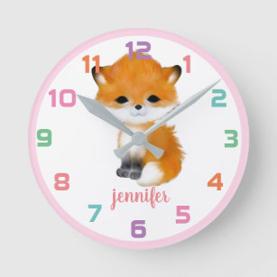 Pink Woodland Fox Colorful Kids Wall Clock Runde Wanduhr