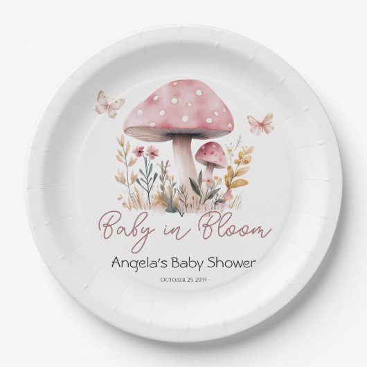 Pink Woodland Mushroom Kinderdusche Pappteller (Vorderseite)