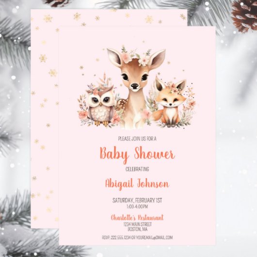 Pink Woodland Winter Wonderland Baby Dusche Einladung