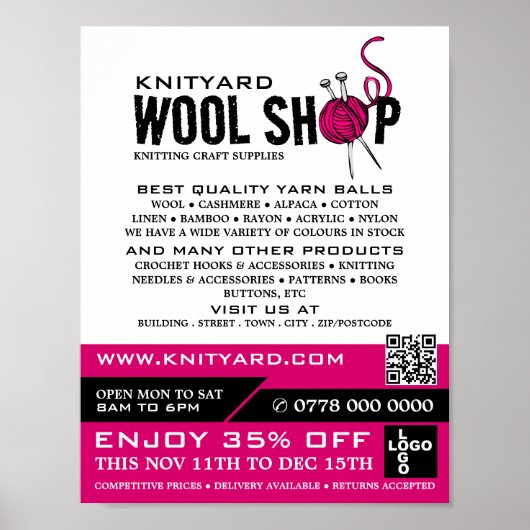 Pink Wool Shop Logo, Knitting Store, Yarn Store Poster (Vorne)