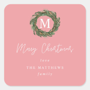 Pink Wreath Monogram Frohe Weihnachtsgeschenke Quadratischer Aufkleber