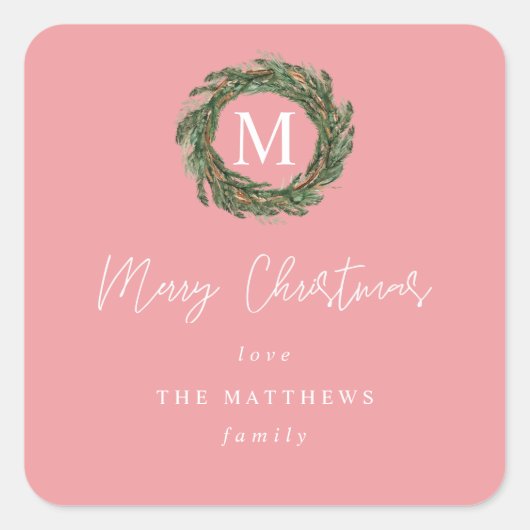 Pink Wreath Monogram Frohe Weihnachtsgeschenke Quadratischer Aufkleber (Vorderseite)