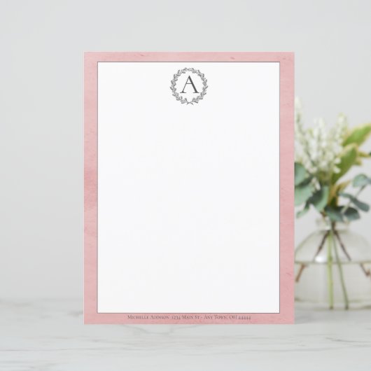 Pink Wreath Monogram Stationierung (Stehend Vorderseite)