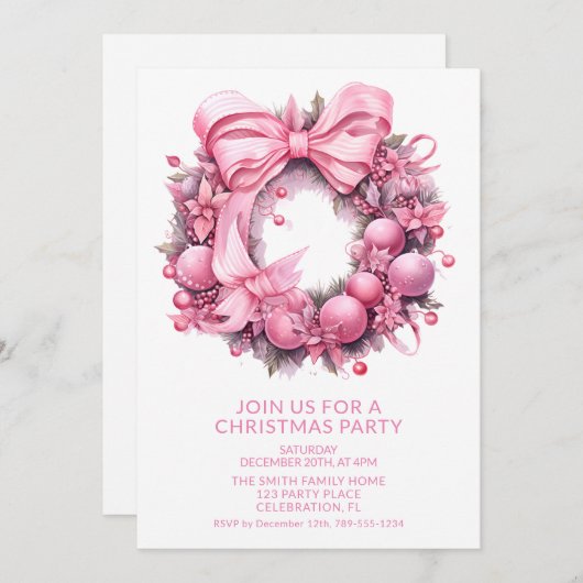 Pink Wreath Weihnachts-Party Einladung (Vorne/Hinten)
