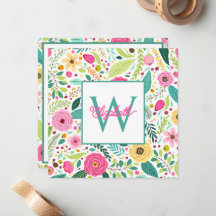 Pink Yellow and Teal Spring Floral Monogram