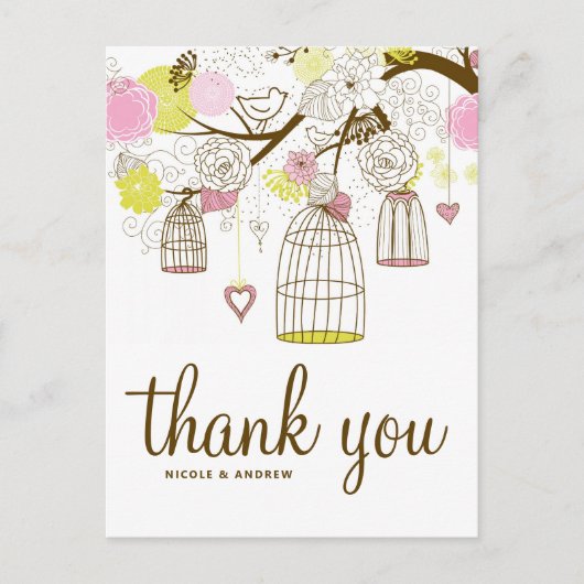 Pink & Yellow Birdcages Lovebirds Vielen Dank Postkarte (Vorderseite)