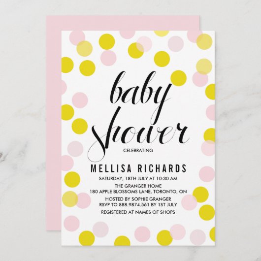 Pink & Yellow Confetti Polka Dots Baby Dusche Einladung (Vorne/Hinten)