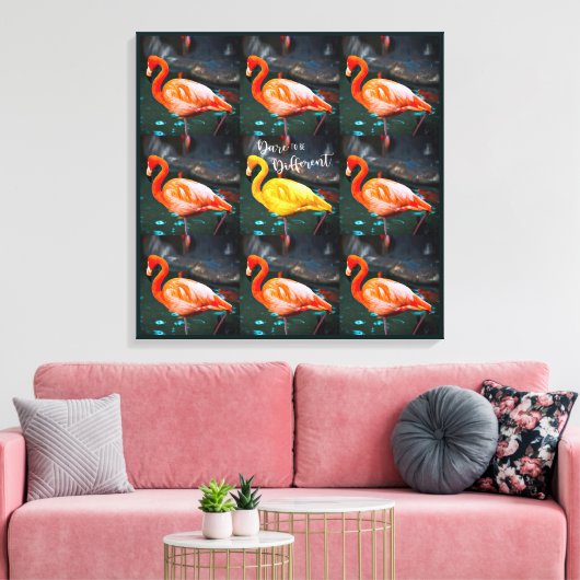 Pink Yellow Flamingo Bird Foto Muster Dare Quote Leinwanddruck (Insitu (Wohnzimmer))
